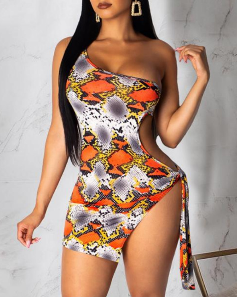 

Snakeskin One Shoulder Cut out Dress, Orange