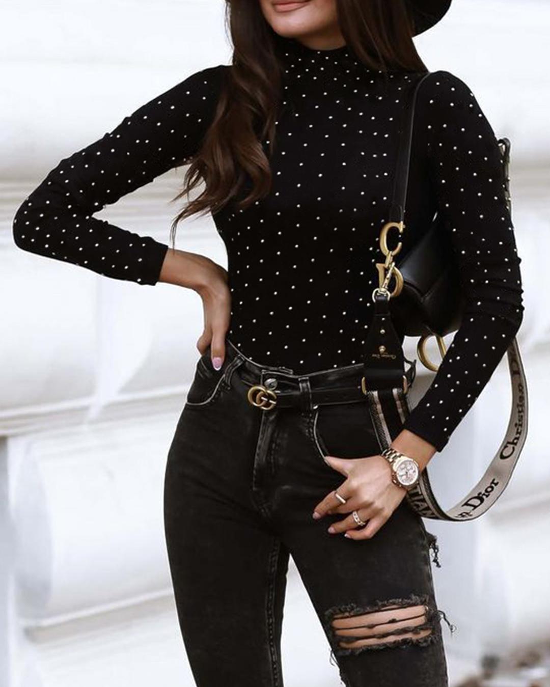 

High Neck Studded Long Sleeve Casual Top, Black