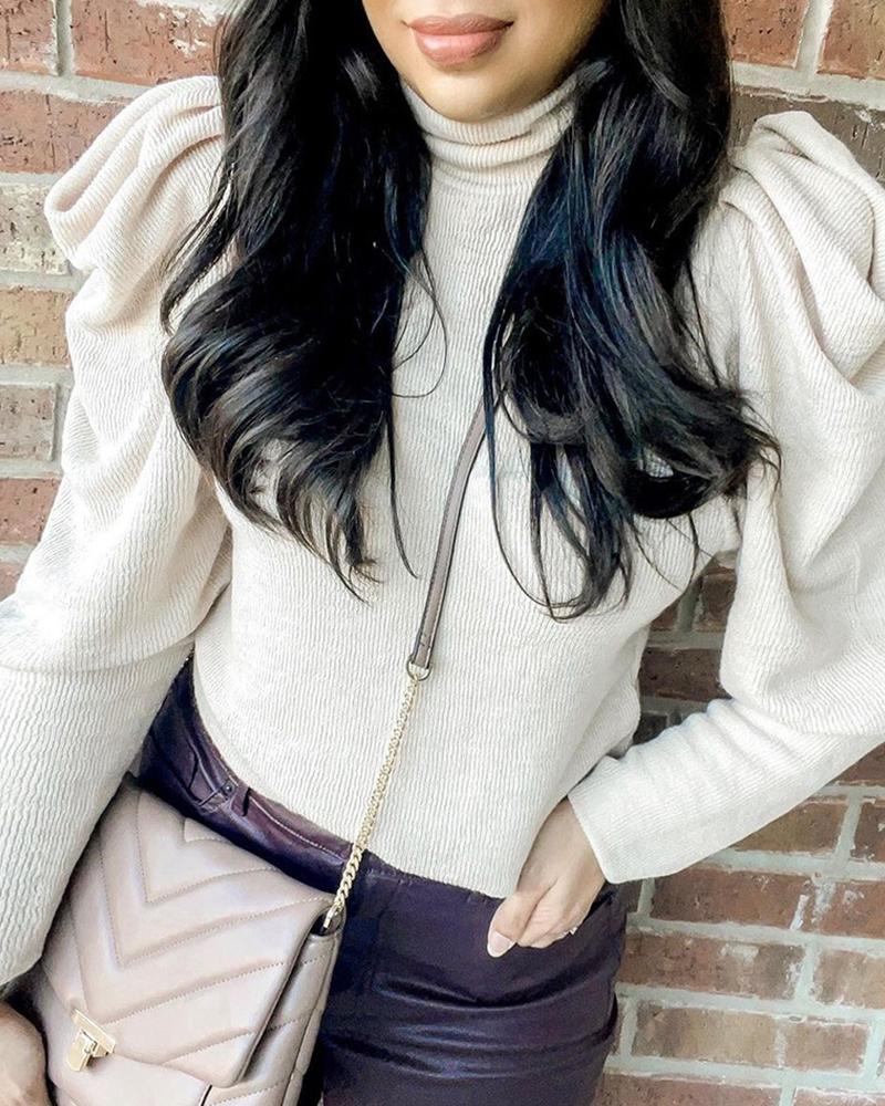 

Plain High Neck Puffed Sleeve Sweater, White