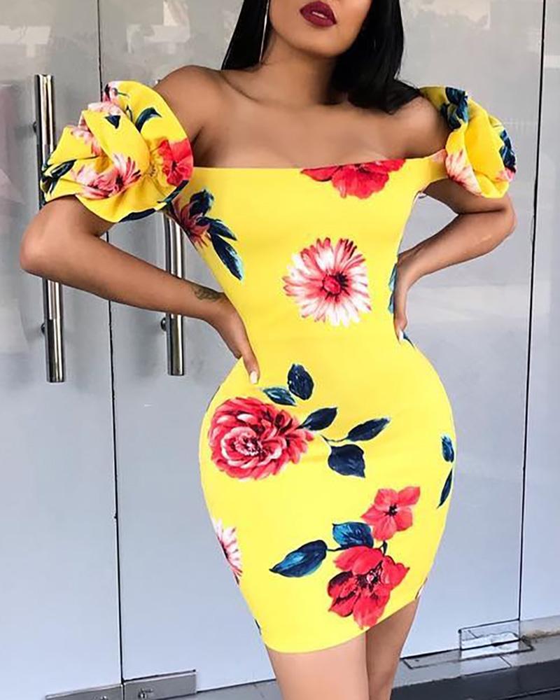 

Floral Print Flower Shaped Folding Sleeve Dress, Yellow