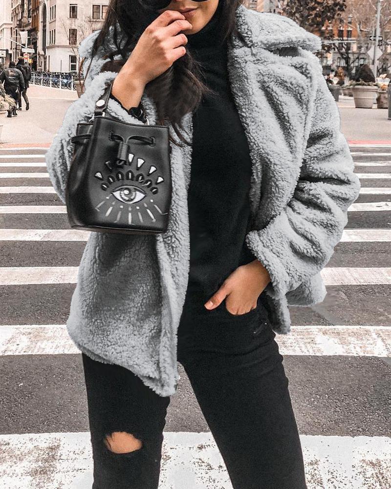 

Solid Open Front Collared Teddy Coat, Gray