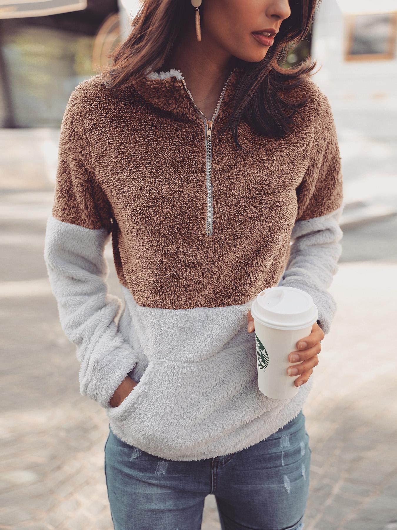 

Contrast Color Quarter Zip Teddy Sweatshirt, Coffee