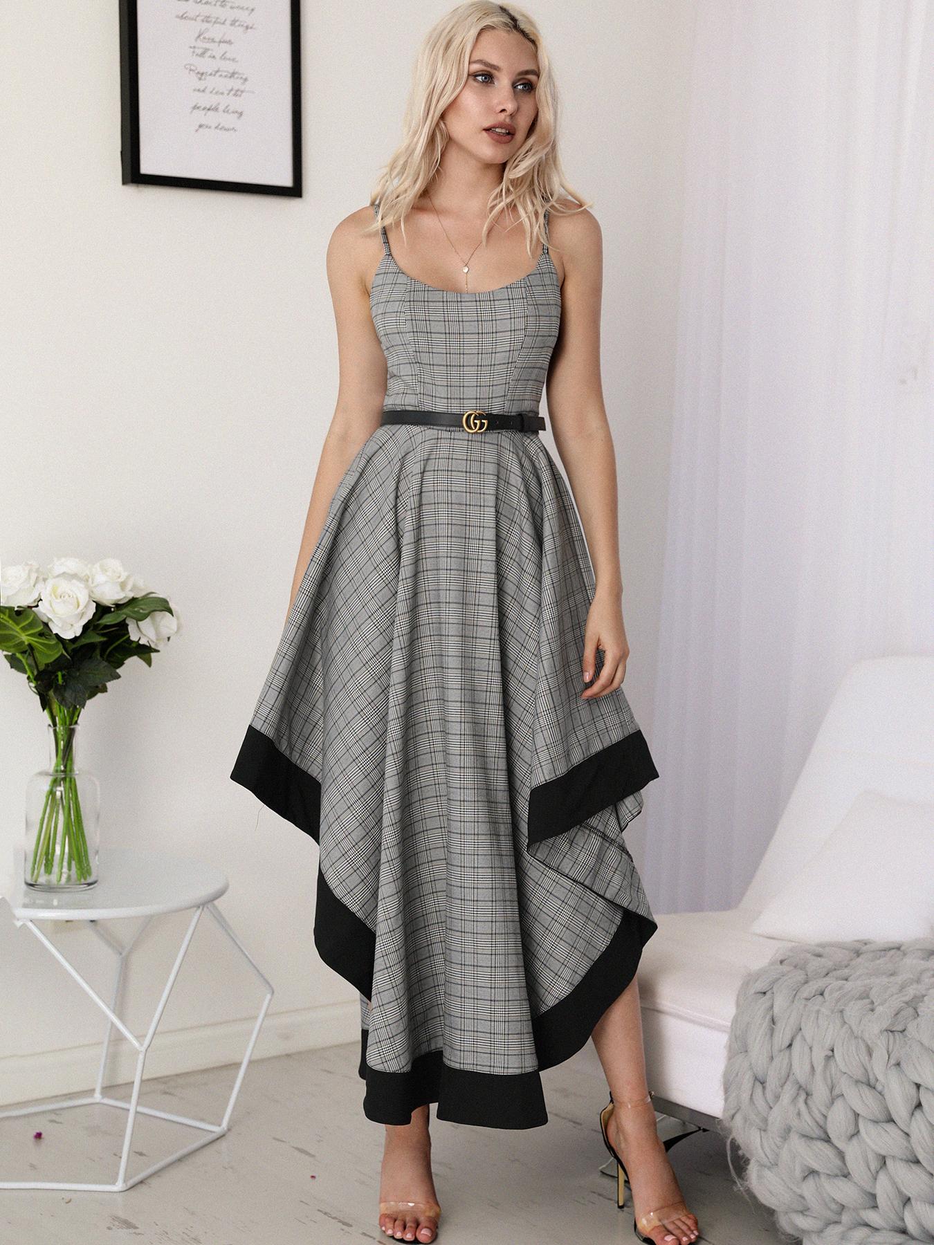 

Fashion Spaghetti Strap Grid Irregular Dress, Multicolor