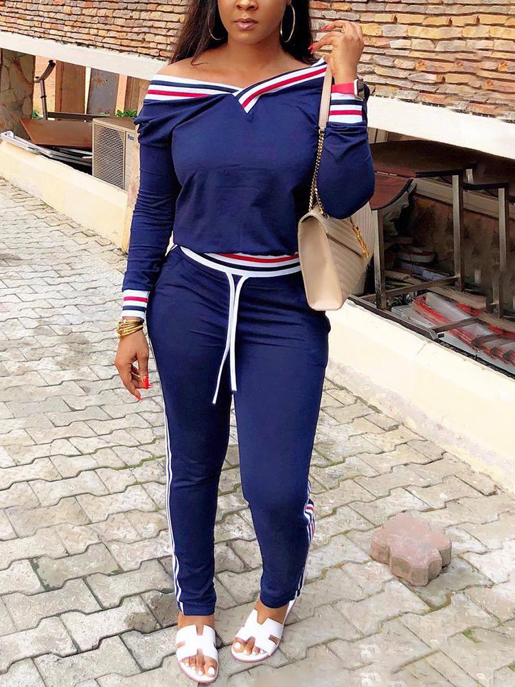 

Casual Stripes Drawstring Off Shoulder Pant Sets, Blue
