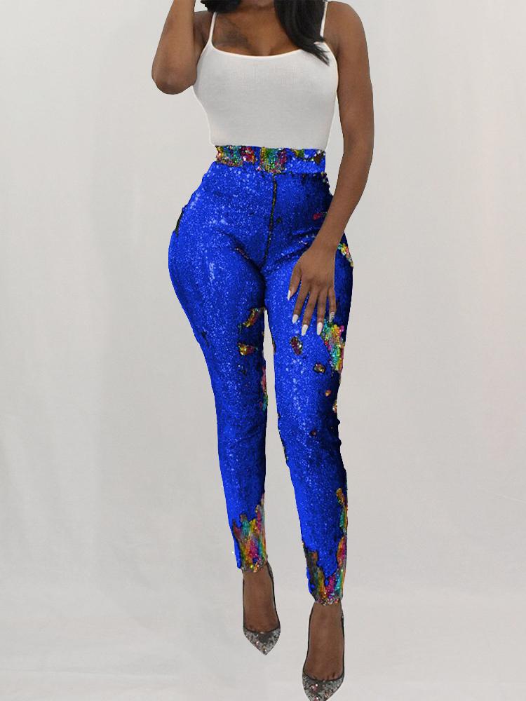 

Multi Color Zipper Design Skinny Pencil Sequin Pants, Blue
