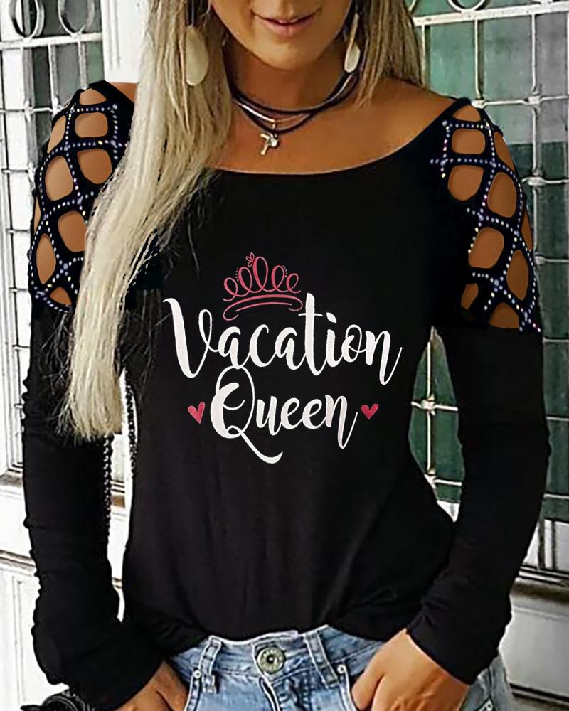

Studded Letter Print Cutout Long Sleeve Top For Valentine' Day, Black