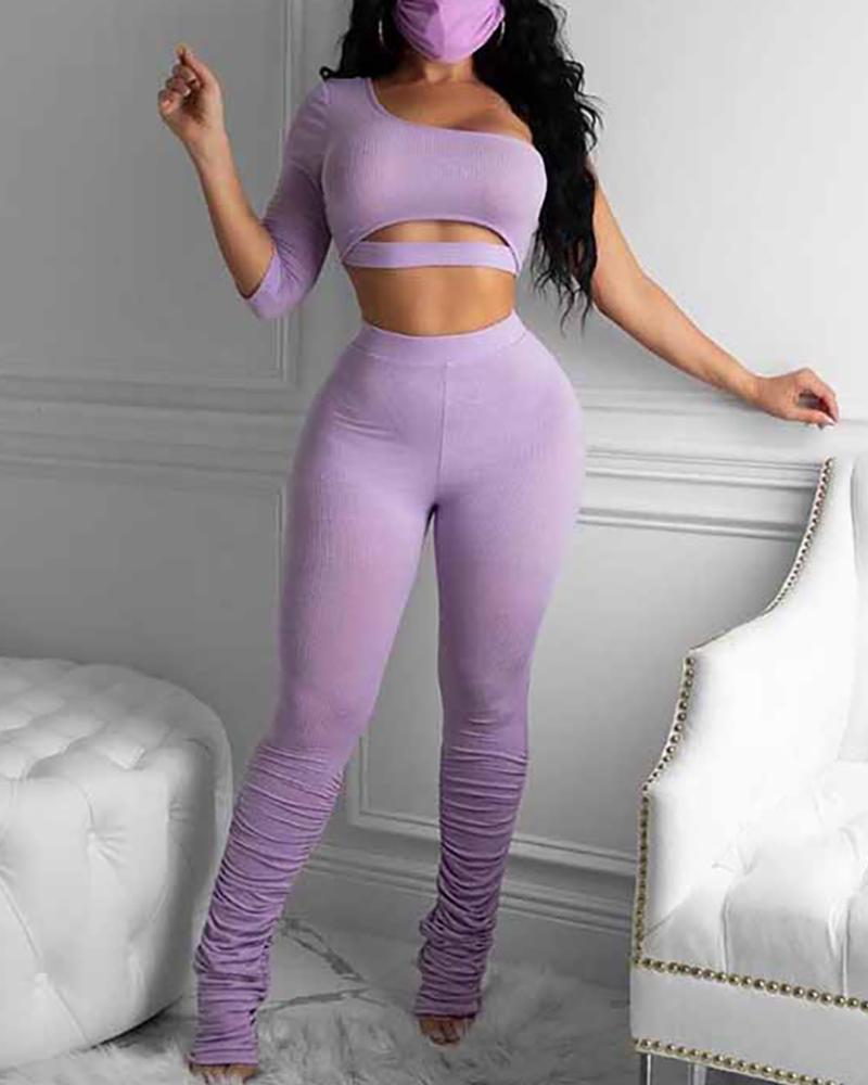 

One Shoulder Cut Out Top & Pants Set, Purple