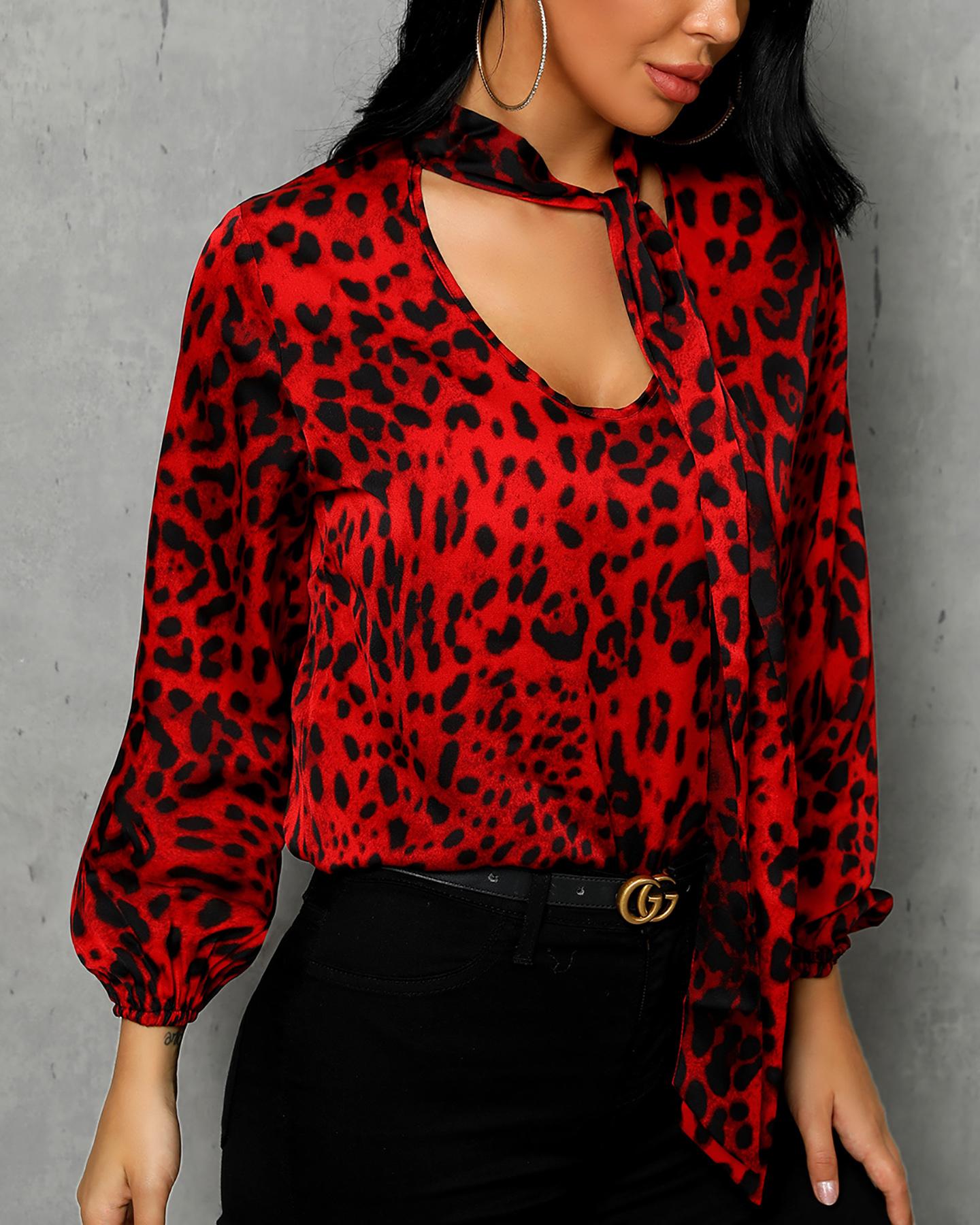 

Long Sleeve Leopard Print Tied Blouse, Black&red