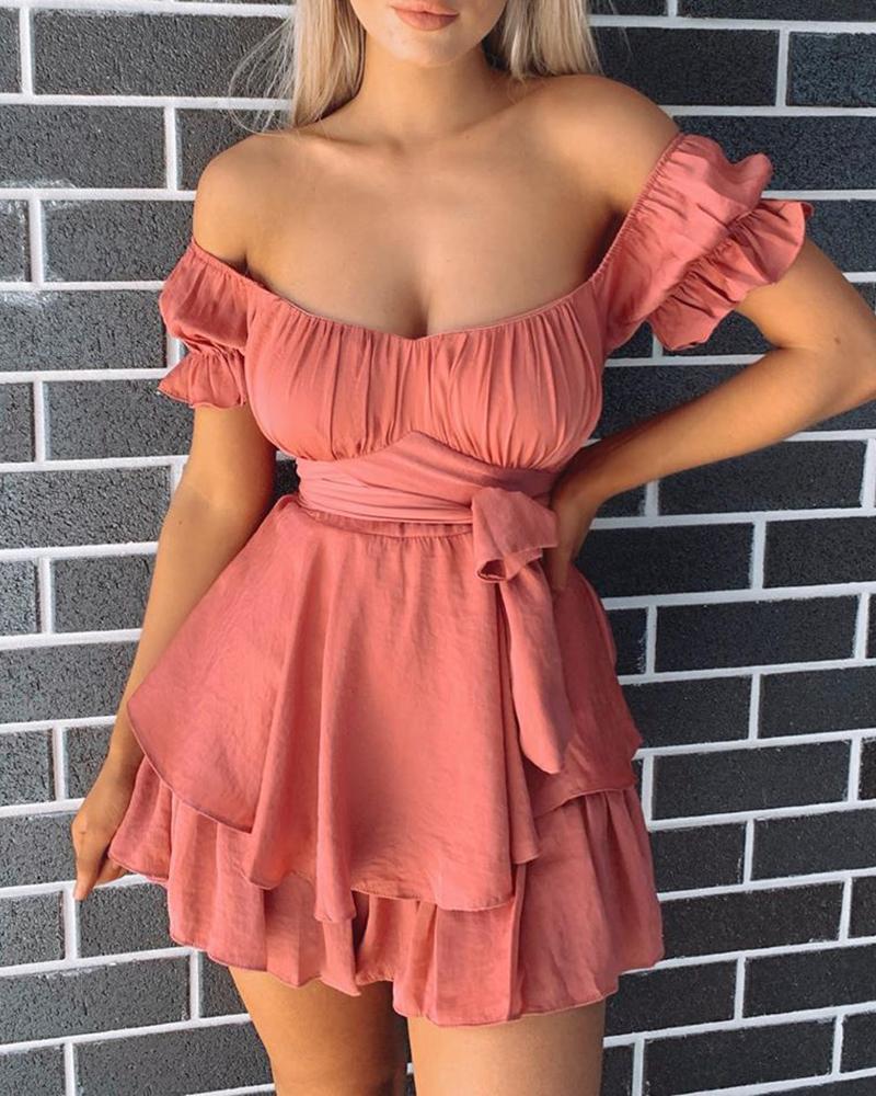 

Solid Off Shoulder Puffed Sleeve Dress, Red