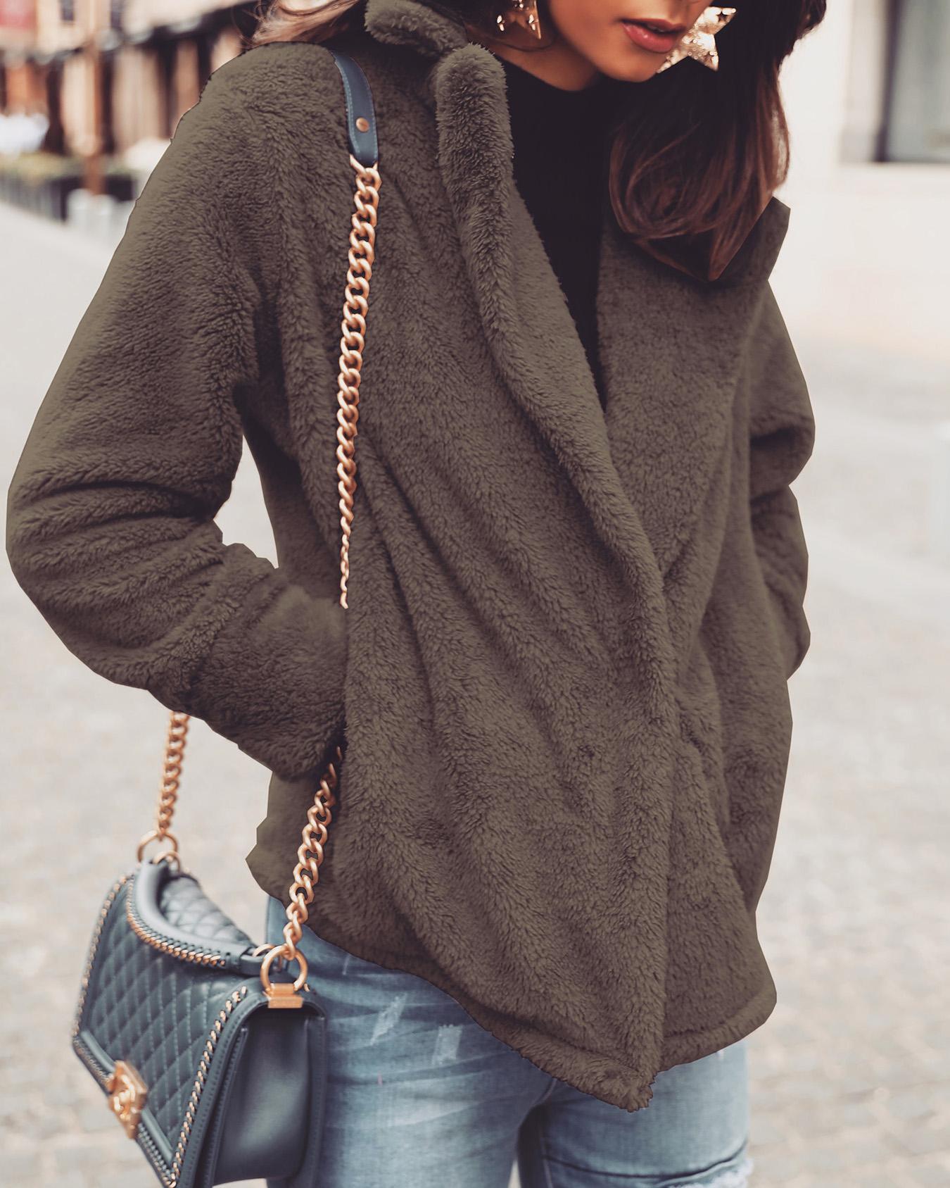 

Solid Fluffy Pocket Design Long Sleeve Coat, Army green