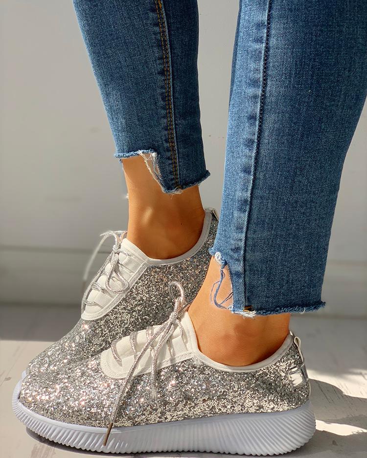 

Sequins Embellished Lace-Up Casual Sneakers, Silver