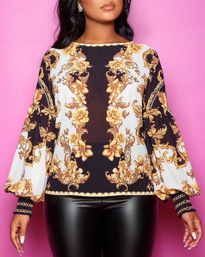 

Baroque Print Long Sleeve Blouse, White