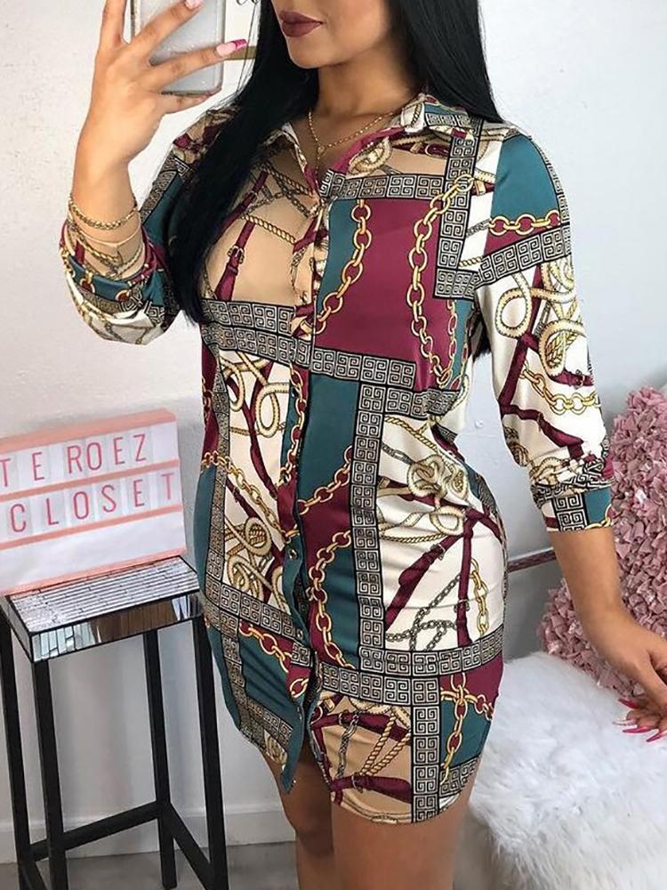 

Mixed Chains Print Button Up Shirt Dress
