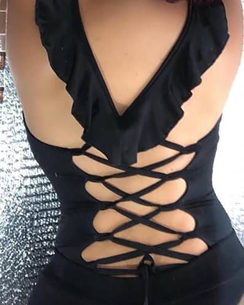 

Plain Cutout Lace-up Backless Ruffles Bodysuit, Black