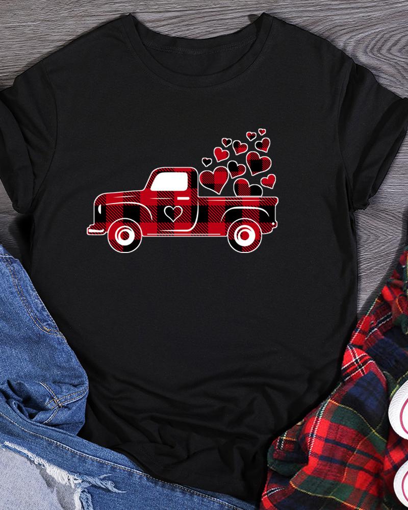 

Valentine' Day Plaid Car Heart Print T-shirt, Black
