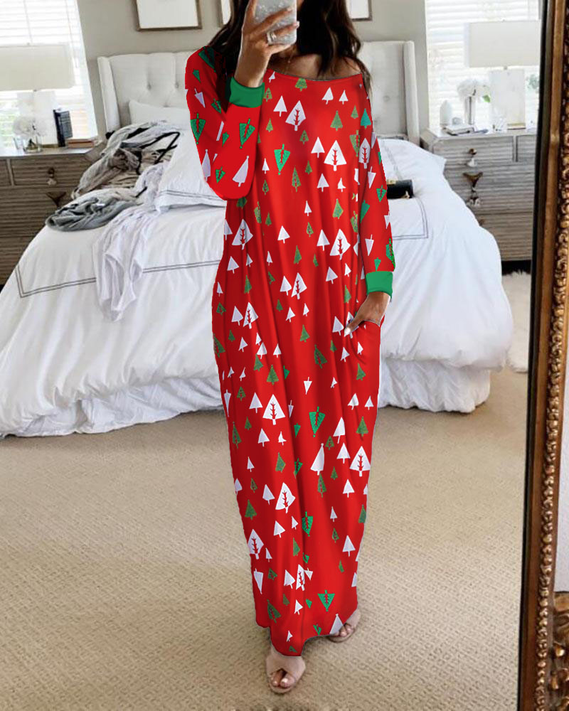 

Christmas Print Pocket Design Casual Dress, Red
