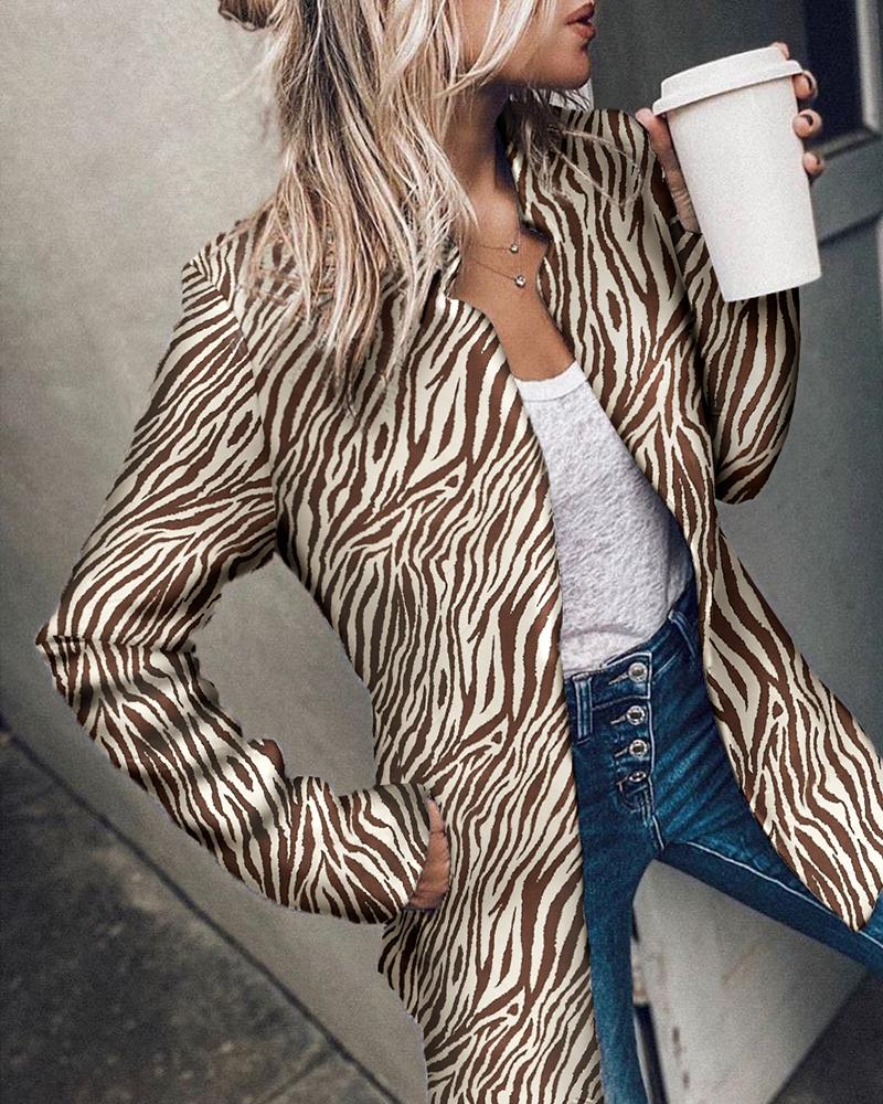 

Zebra Stripe Print Pocket Design Long Sleve Coat, Brown