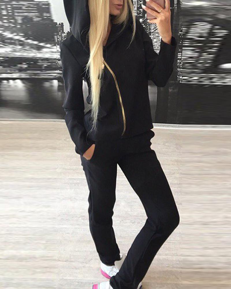 

Solid Hooded Zip Front Tracksuit, Black