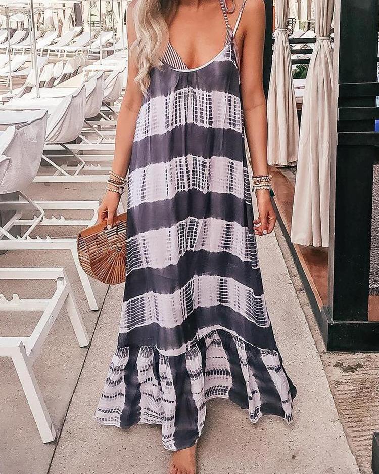 

Tie Dye Stripes Pep Hem Maxi Slip Dress, Black