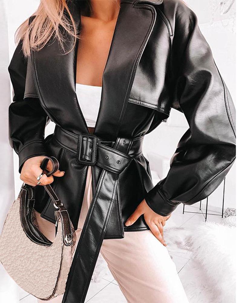 

Faux Leather Belted Biker Jacket, Black
