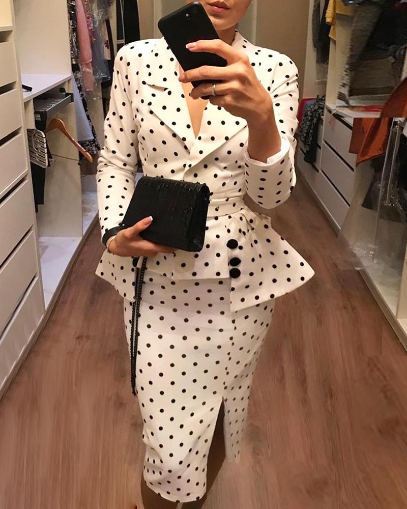 

Dot Irregular Hem Blazer Top & Slit Skirt Sets, White