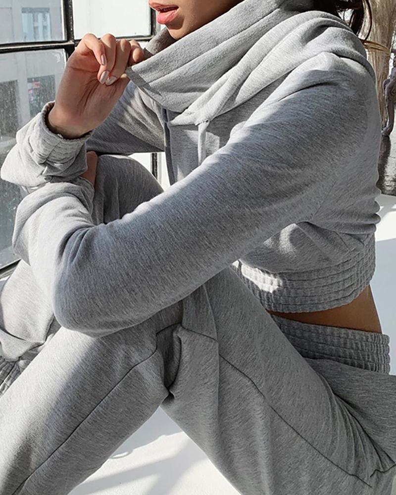 

Drawstring Design Hooded Crop Top & Casual Pant Sets, Gray