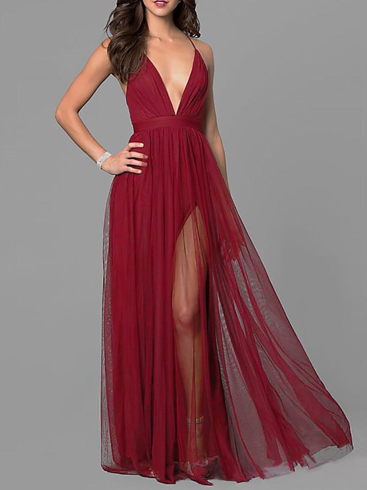 

Sheer Mesh Plunge Backless Evening Dress, Wine red
