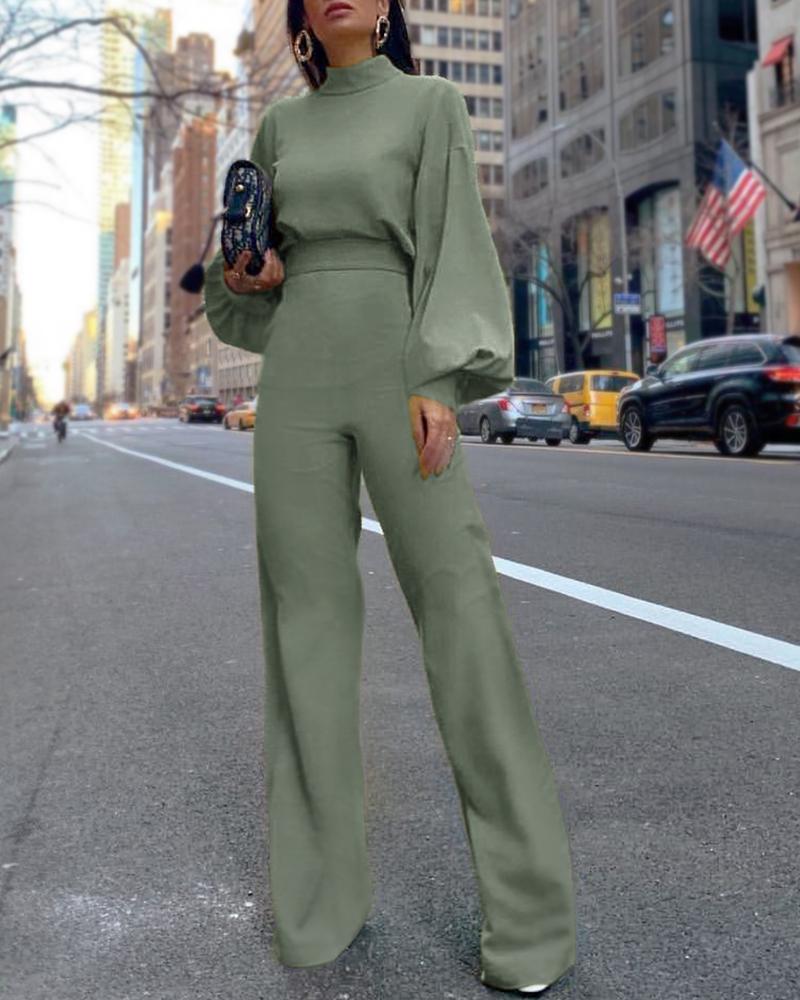 

Solid Lantern Sleeve Mock Neck Jumpsuits