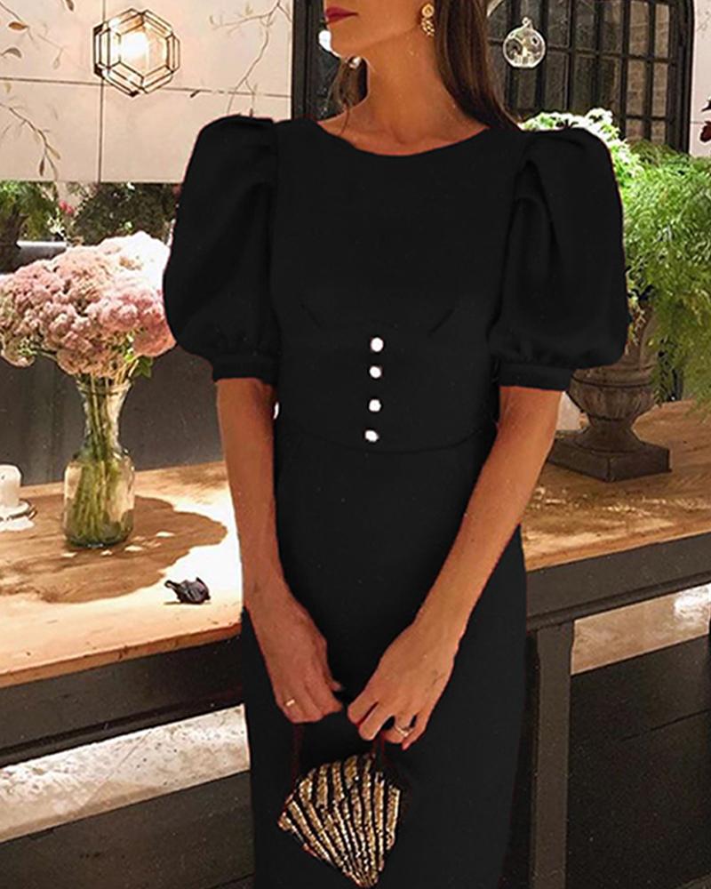 

Puff Sleeve Backless Midi Dress, Black