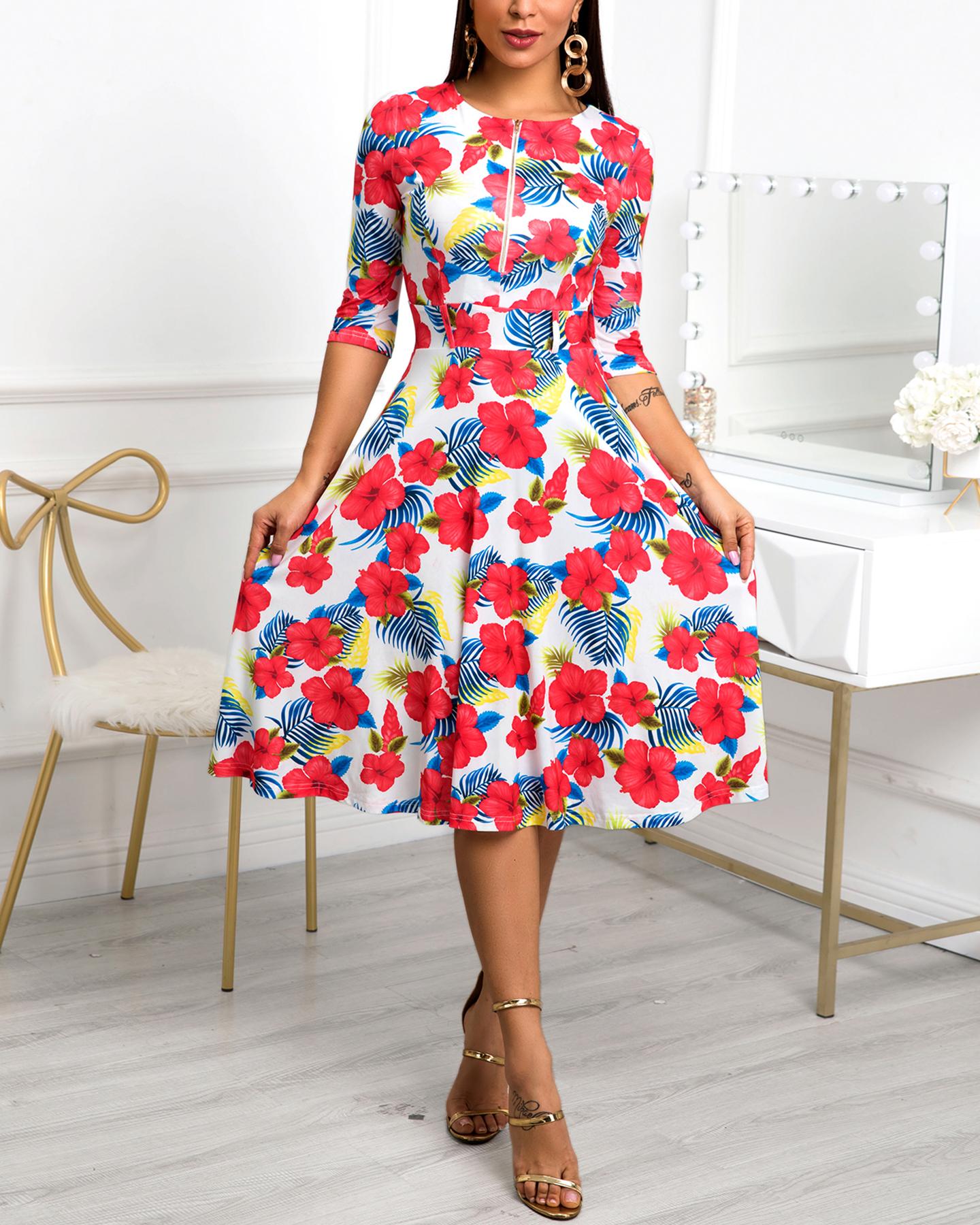 

Floral Print Zipper Design Pleated Dress, Multicolor