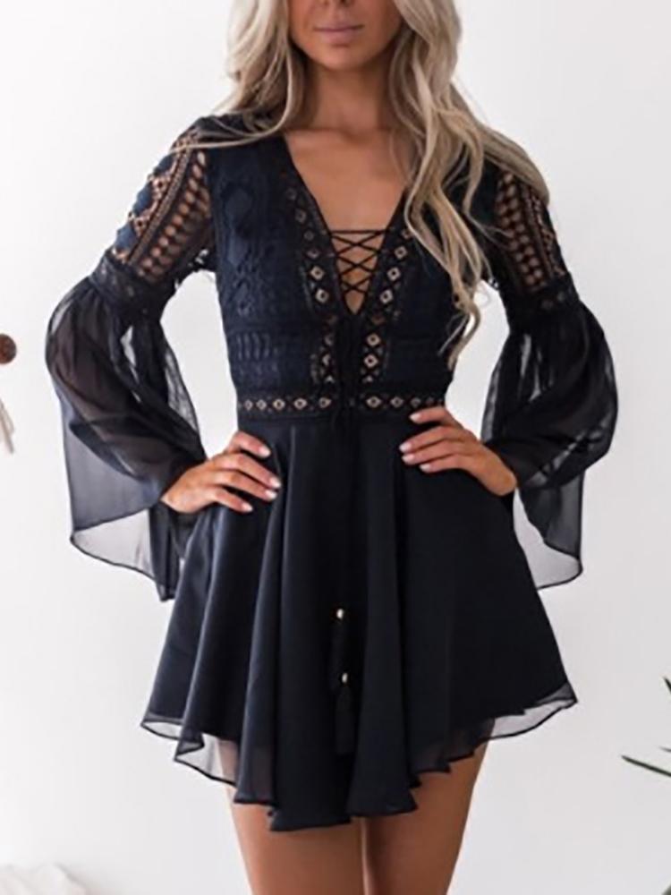 

Hollow Out Lace-Up Bell Sleeve Irregular Dress, Black