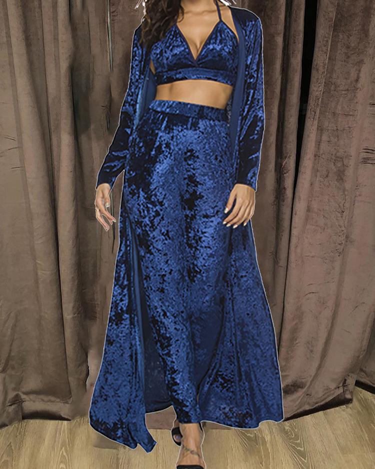 

3PCS Velvet Halter Bra Top & Pants With Cardigan, Purplish blue