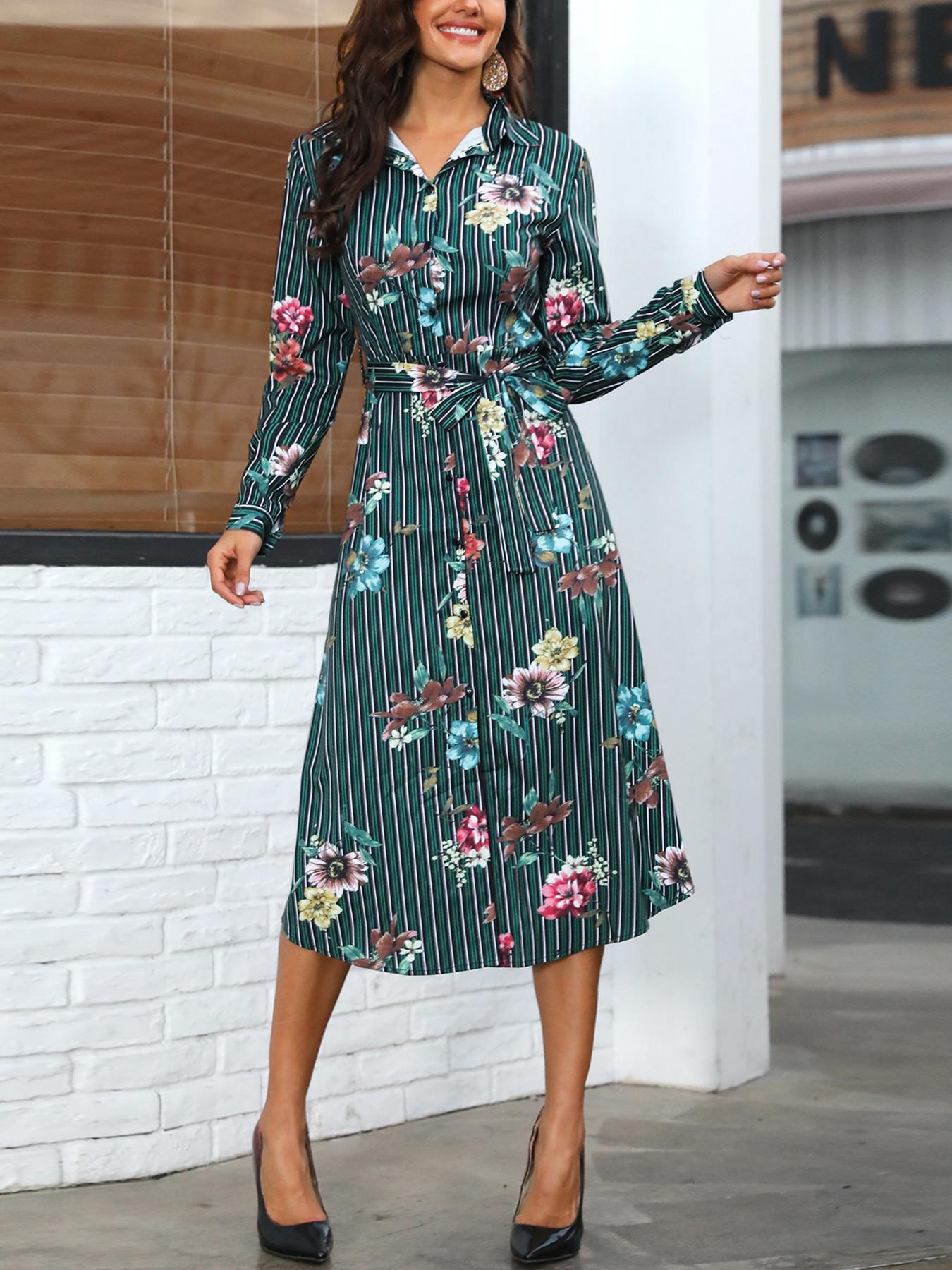

Stripes & Floral Print Belted Shirt Dress