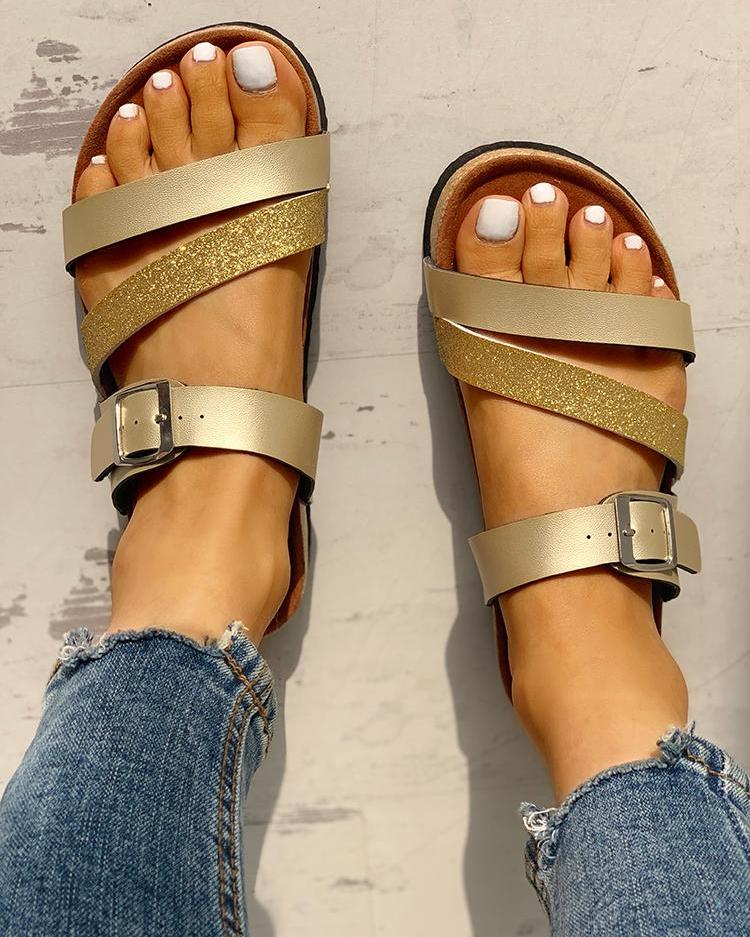 

Glitter Multi-strap Open Toe Flat Sandals, Gold
