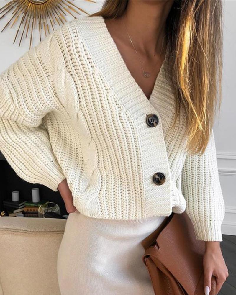 

Solid Button Design Lantern Sleeve Knit Sweater, White