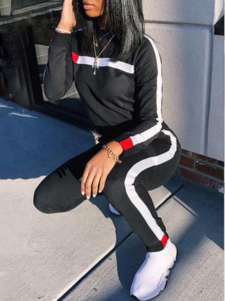 

Side Stripes Long Sleeve Drawstring Tracksuits, Black