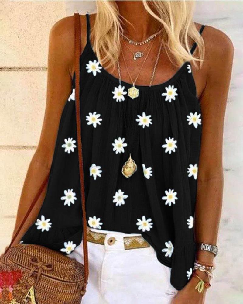 

Daisy Print V-neck Casual Tank Top, Black