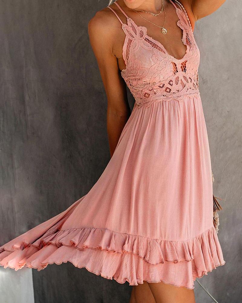 

V-neck Lace Hollow Out Ruffles Casual Dress, Pink