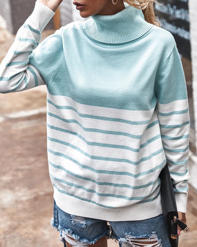 

Striped Colorblock High Neck Sweater, Blue