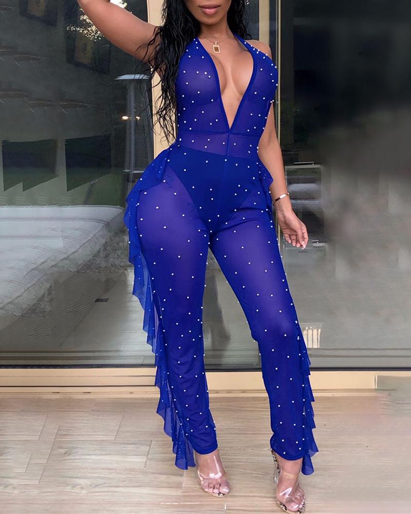 

Faux Pearl Detail Sheer Mesh Ruffle Trim Jumpsuit, Blue