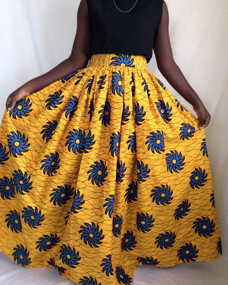 

Floral Print Tight Waist Maxi Skirt, Blue