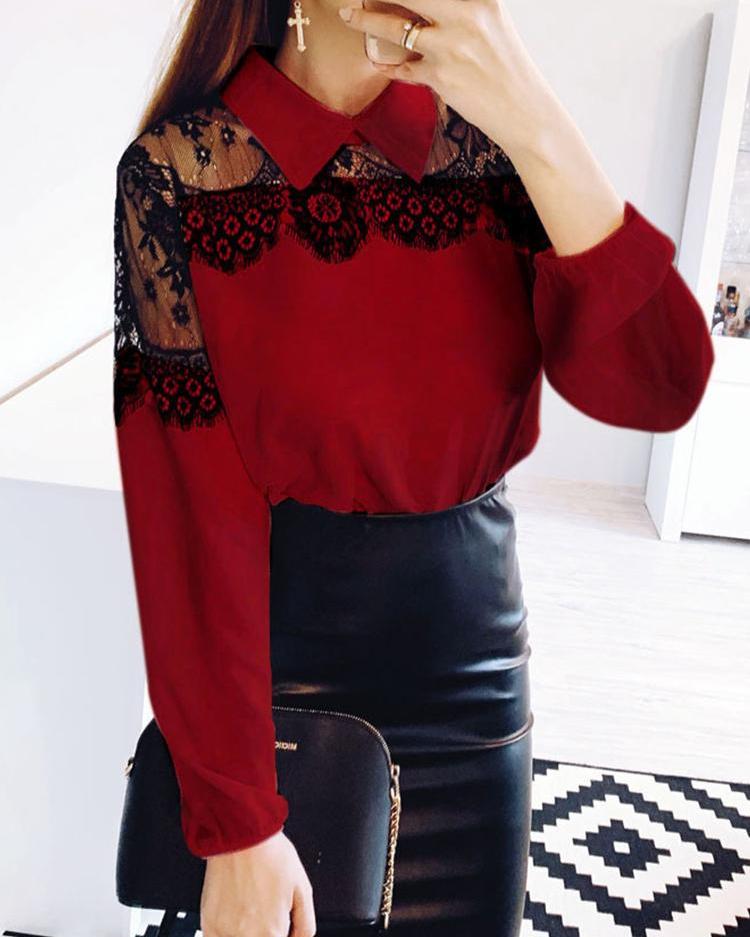 

Eyelash Lace Insert Long Sleeve Blouse, Red