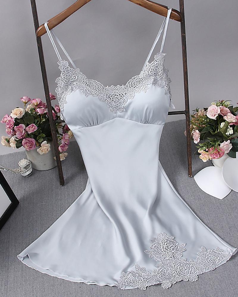 

Plain Spaghetti Strap Lace Trim Babydoll, Light blue