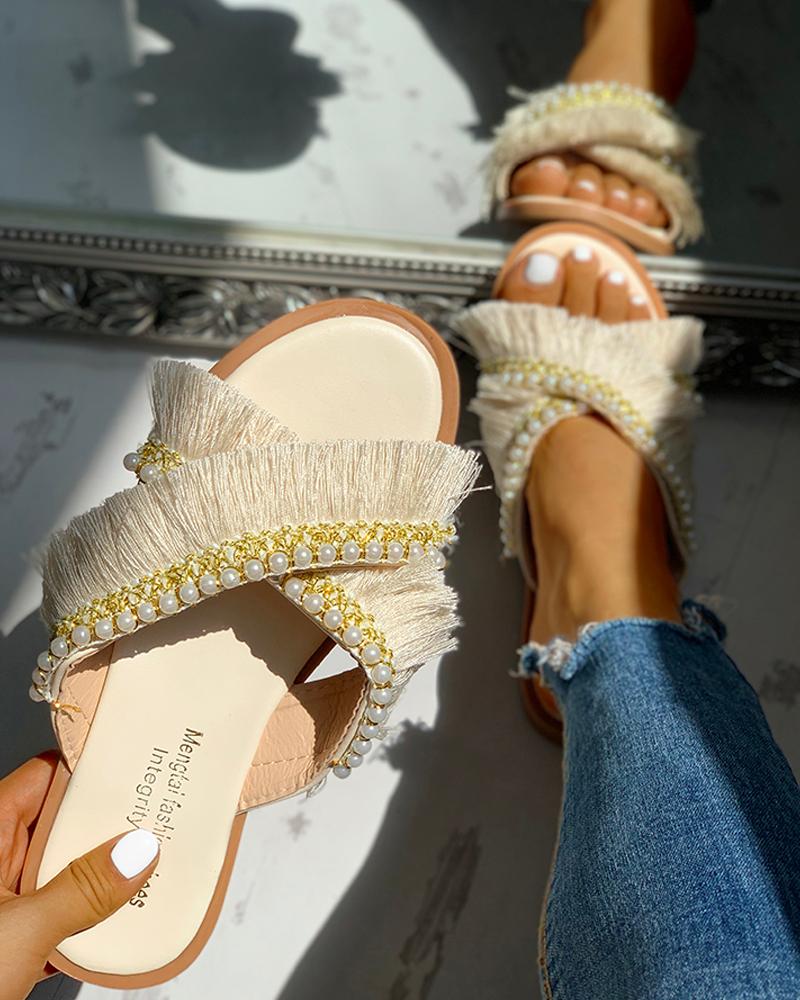

Beaded Tassel Design Casual Sandals, Beige
