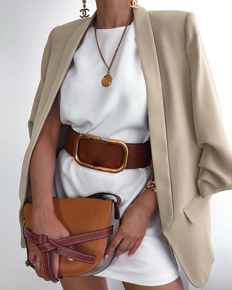 

Snakeskin / Plain Long Sleeve Blazer Coat, Khaki
