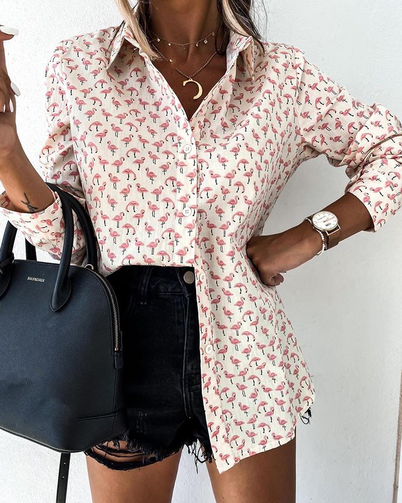 

Flamingo Print Bottoned Casual Shirt, Pink