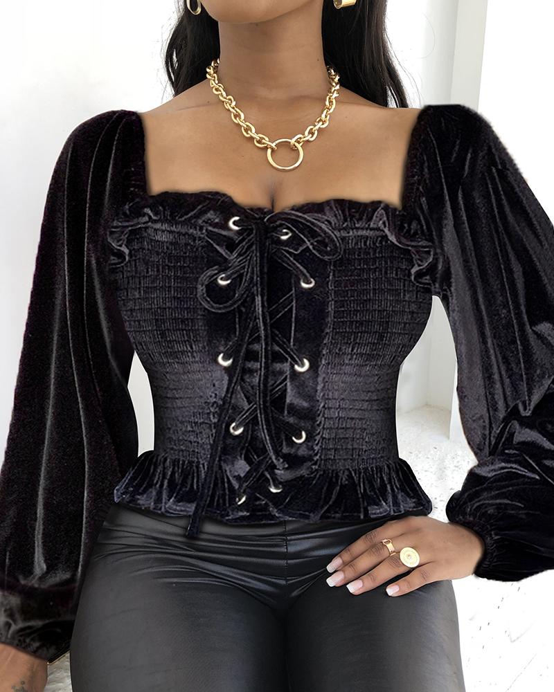 

Velvet Eyelet Lace-up Frill Hem Top, Black