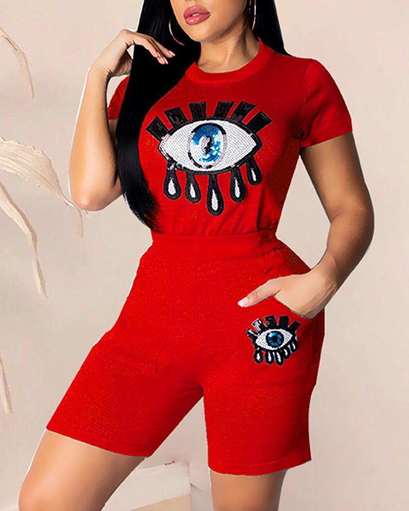 

Eye Sequin Short Sleeve Top and Shorts Set, Red