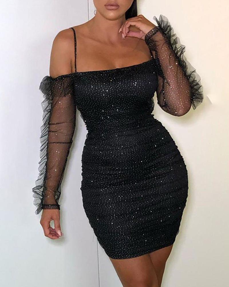 

Glitter Spaghetti Strap Frill Design Mesh Ruched Bodycon Dress, Black