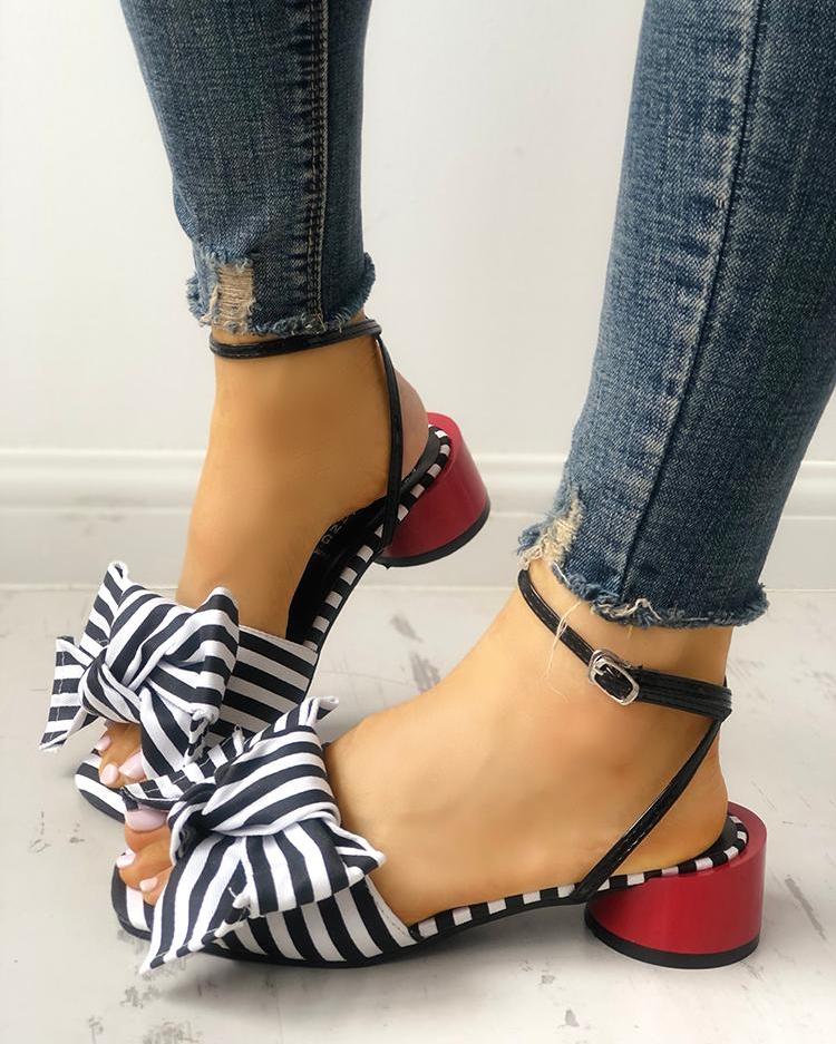 

Striped Bowknot Decorated Buckled Sandals, Black